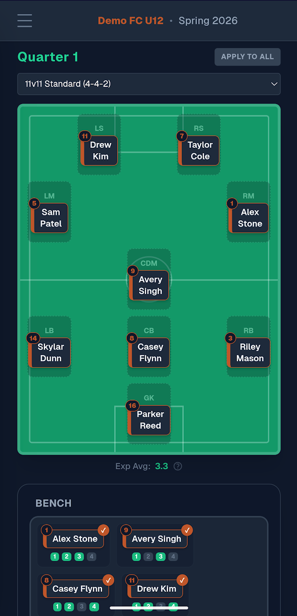 Game Day Board on mobile — manage your lineup from the touchline