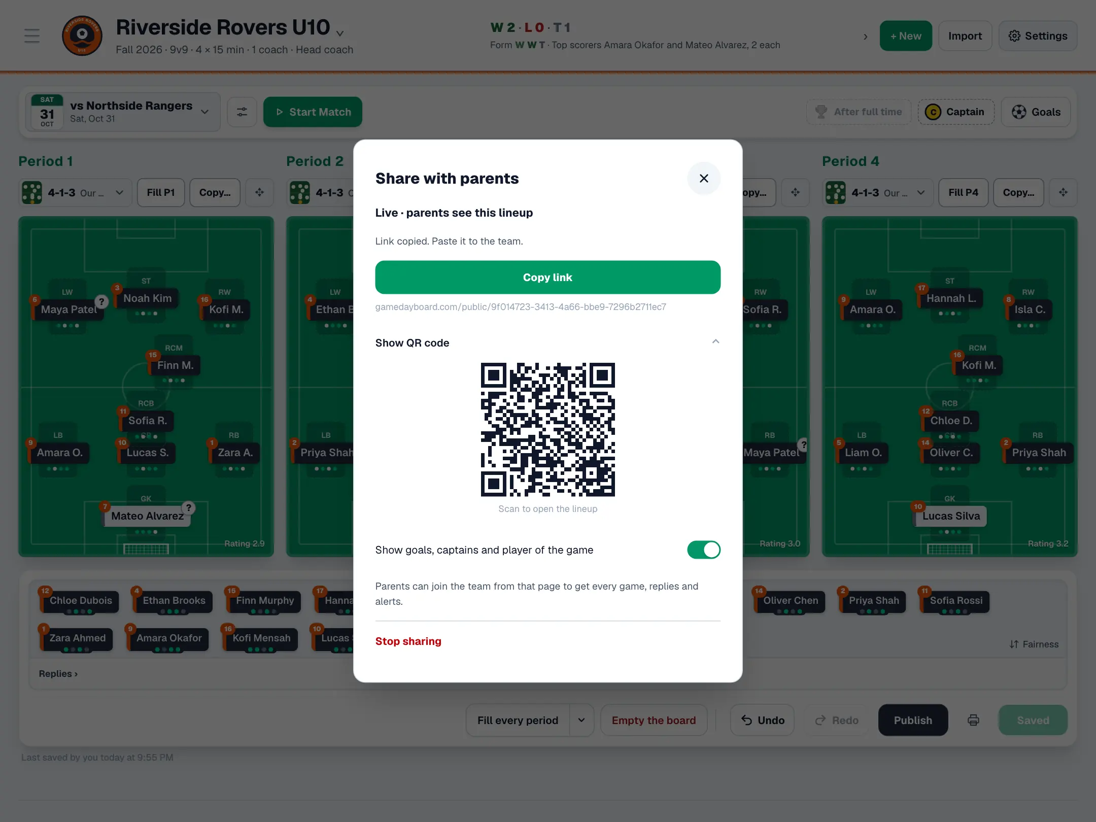 Share with parents: the link, Copy link and a QR code