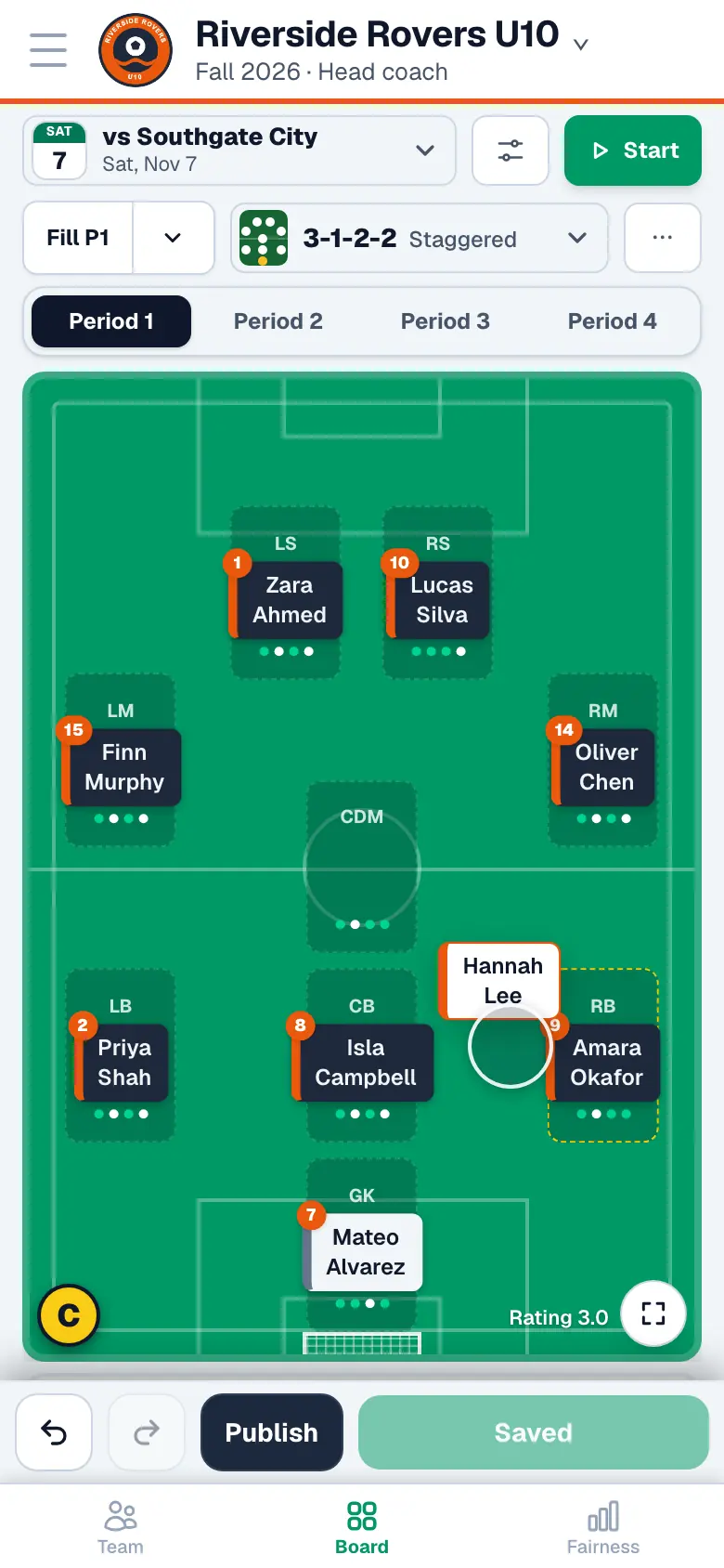 A player being dragged into place on a filled lineup