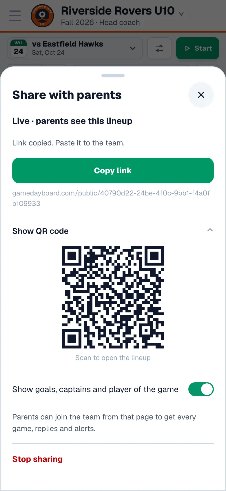 Share with parents: the link, Copy link and a QR code